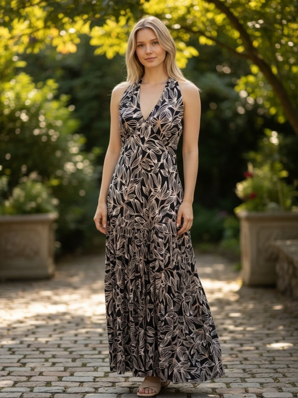 Scarlett Black Maxi Dress White Leaf Print Halter Summer Size 12